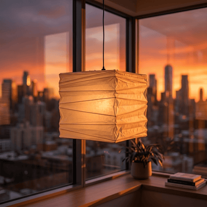 A handcrafted, square Washi paper pendant lamp (Model 33X)—suspended within a room—exudes an innate artistic flair, showcasing the distinctive texture and grain of mulberry bark paper.