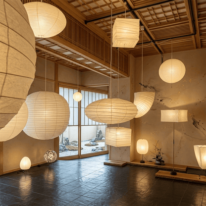 Modern Japanese-style square washi paper pendant light with fine horizontal pleated texture, emitting warm ambient glow through translucent paper for dining room, bedroom, and study.