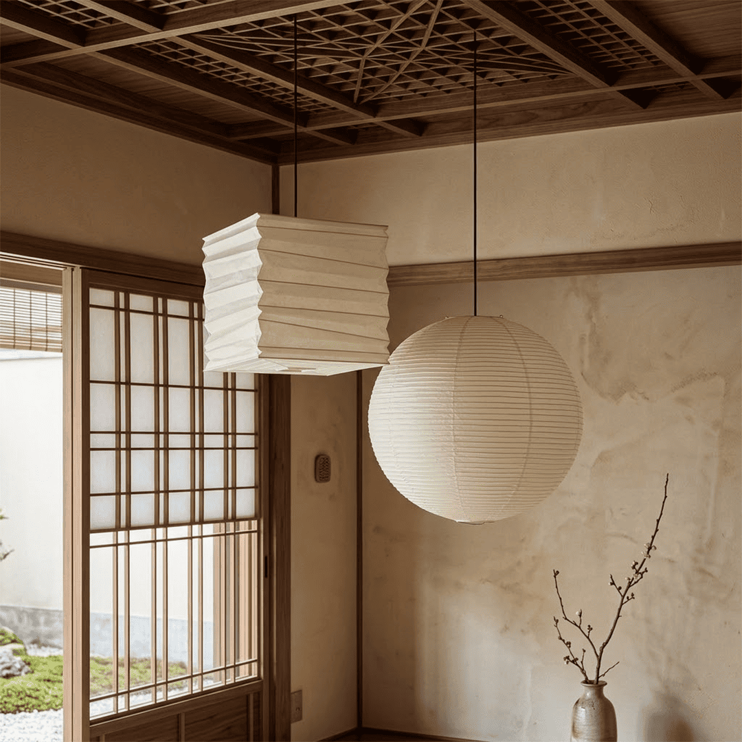 Modern Japanese-style square washi paper pendant light with fine horizontal pleated texture, emitting warm ambient glow through translucent paper for dining room, bedroom, and study.