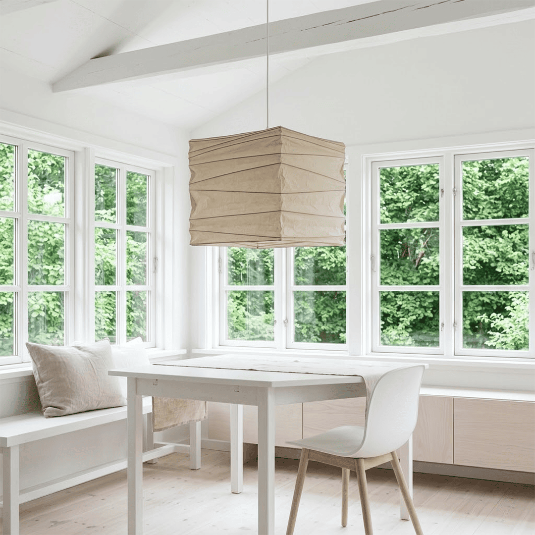 Modern Japanese-style square washi paper pendant light with fine horizontal pleated texture, emitting warm ambient glow through translucent paper for dining room, bedroom, and study.