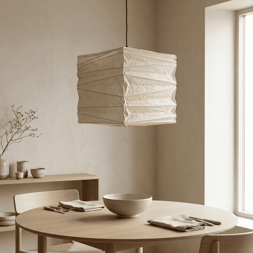 A handcrafted, square Washi paper pendant lamp (Model 33X)—suspended within a room—exudes an innate artistic flair, showcasing the distinctive texture and grain of mulberry bark paper.