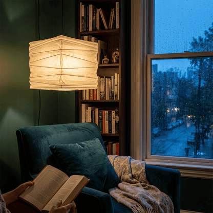 A handcrafted, square Washi paper pendant lamp (Model 33X)—suspended within a room—exudes an innate artistic flair, showcasing the distinctive texture and grain of mulberry bark paper.