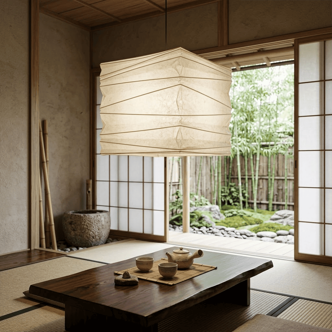 A handcrafted, square Washi paper pendant lamp (Model 33X)—suspended within a room—exudes an innate artistic flair, showcasing the distinctive texture and grain of mulberry bark paper.