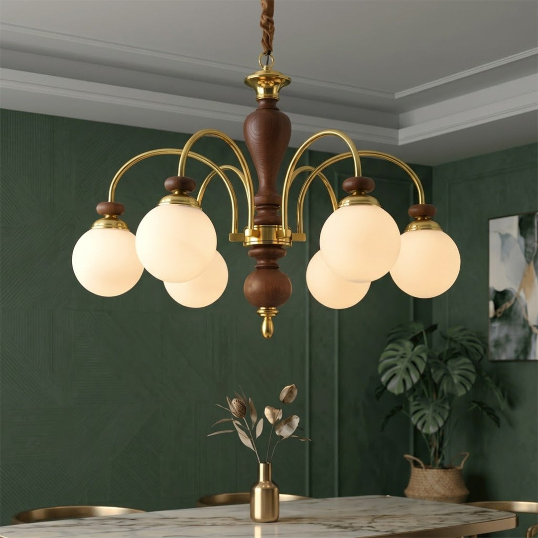 Windsor walnut chandelier  above dining table warm glowing light living room