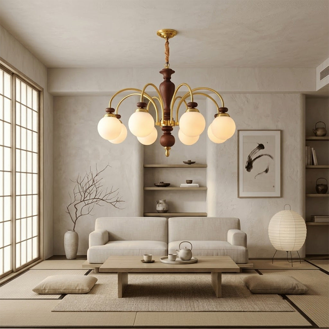 Windsor walnut chandelier  above dining table warm glowing light living room