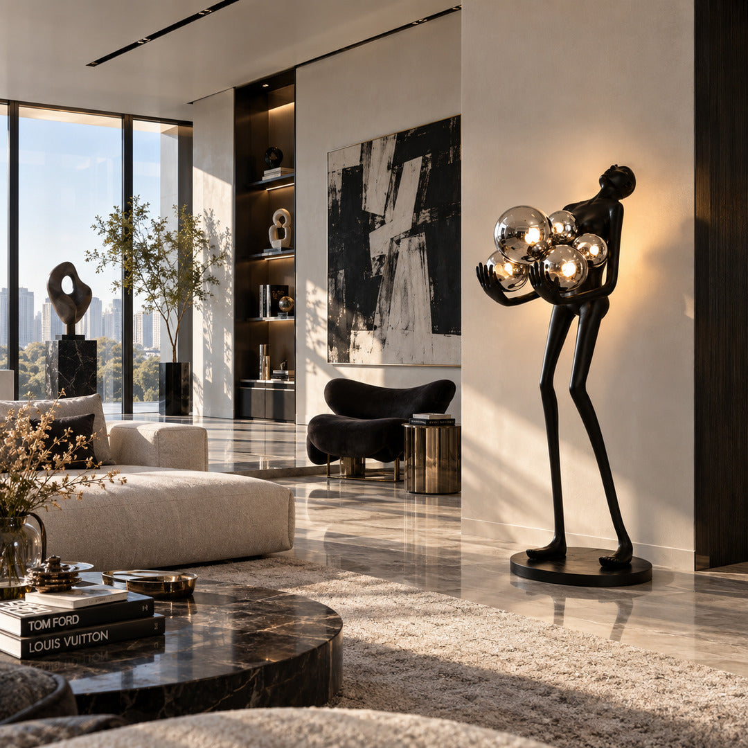 Abbraccio glass floor lamp filling a living room corner with a warm cluster of glowing globes
