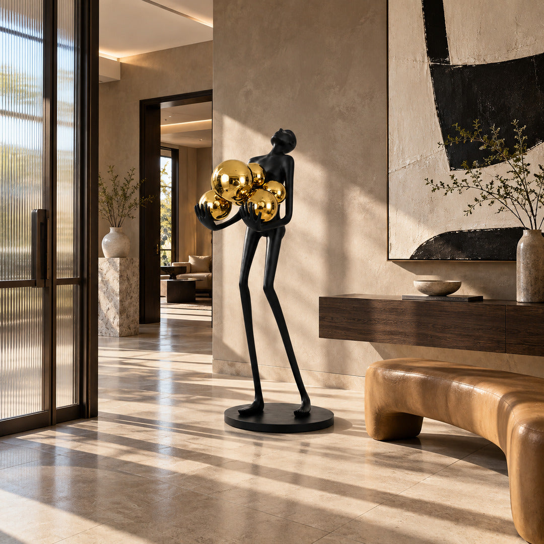 Abbraccio glass floor lamp filling a living room corner with a warm cluster of glowing globes