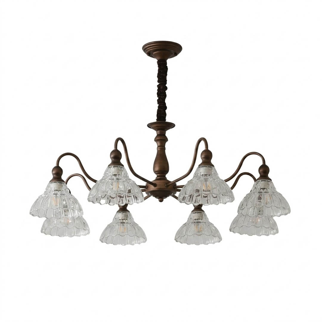 Adele antique brass chandelier round 34 inch flower glass shades vintage aged patina large dining room white background