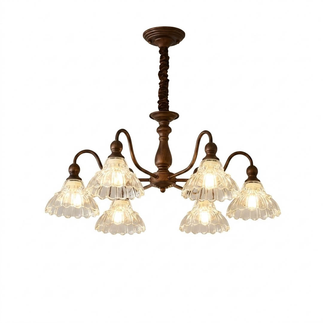 Adele antique brass chandelier round 28 inch flower glass shades vintage aged patina dining room white background