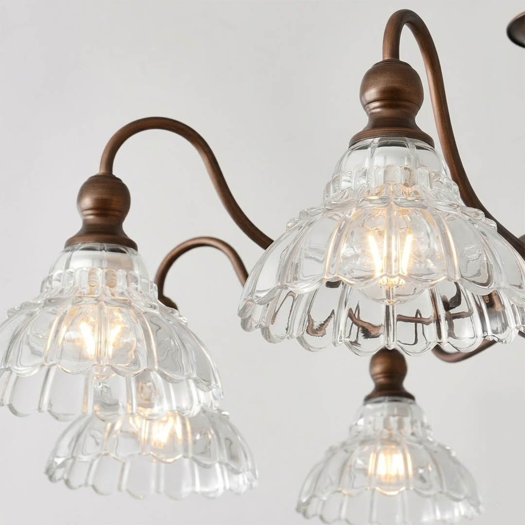 Adele flower shape glass shade petal detail close up vintage Edison filament glow amber warm light