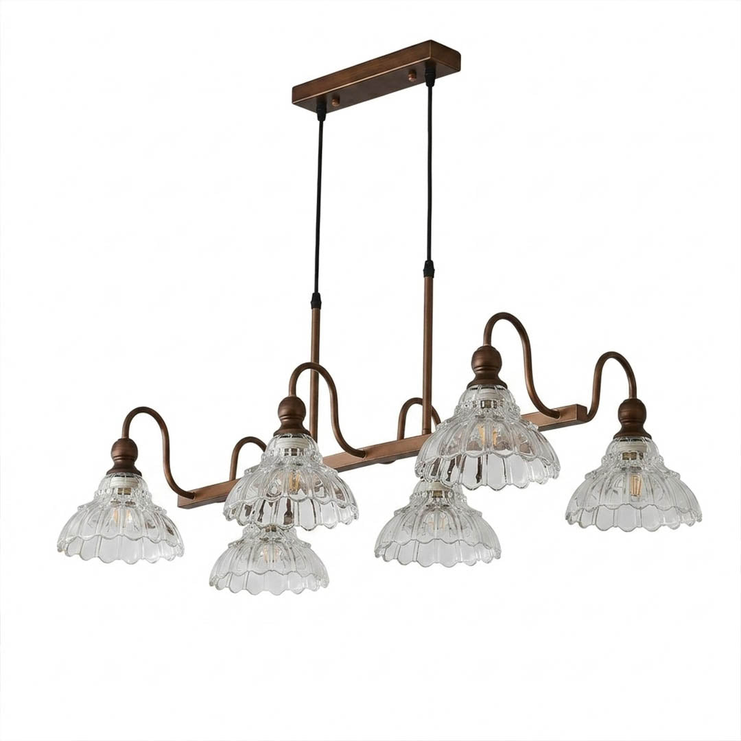Adele antique brass linear chandelier 31 inch rectangular long flower glass shades vintage kitchen island dining table white background