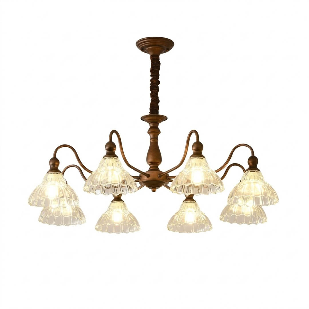 Adele antique brass chandelier round 34 inch flower glass shades vintage aged patina large dining room white background