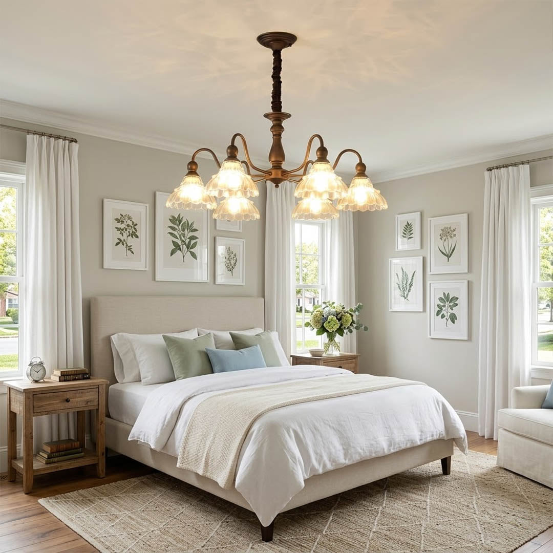 Adele 28 inch round antique brass chandelier master bedroom centered above bed vintage flower glass elegant transitional interior