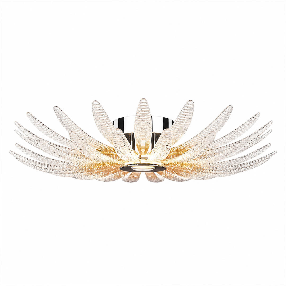 Agave Dewdrop glass flush mount ceiling light medium 28 inch handmade dewdrop textured leaves integrated LED 3000K warm white modern sculptural botanical white background