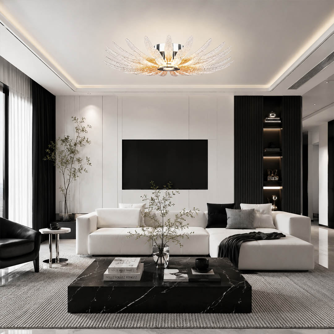 Agave Dewdrop large glass flush mount ceiling light modern living room grand statement luxury sculptural botanical warm glow lifestyle interior