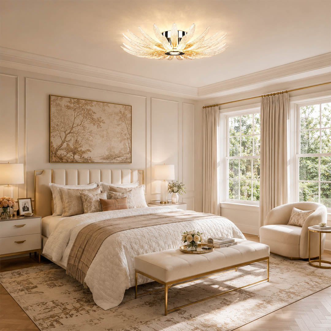 Agave Dewdrop medium glass flush mount ceiling light modern bedroom primary luxury sculptural botanical warm glow lifestyle interior