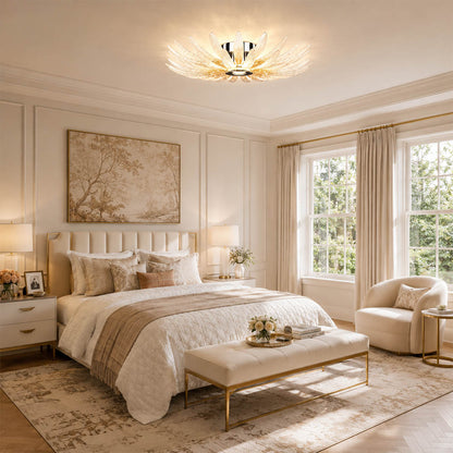 Agave Dewdrop medium glass flush mount ceiling light modern bedroom primary luxury sculptural botanical warm glow lifestyle interior