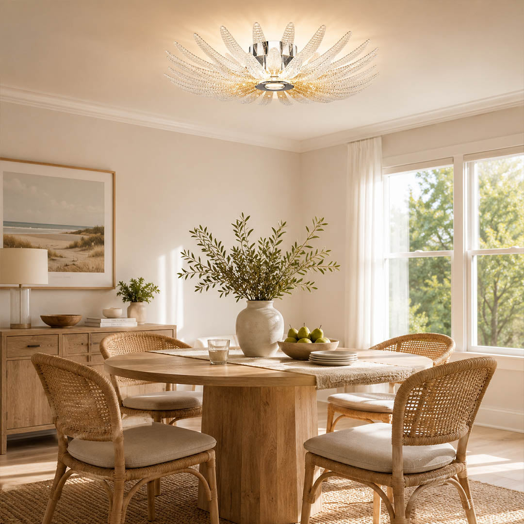 Agave Dewdrop medium glass flush mount ceiling light modern dining room luxury sculptural botanical dining table walnut warm glow lifestyle interior