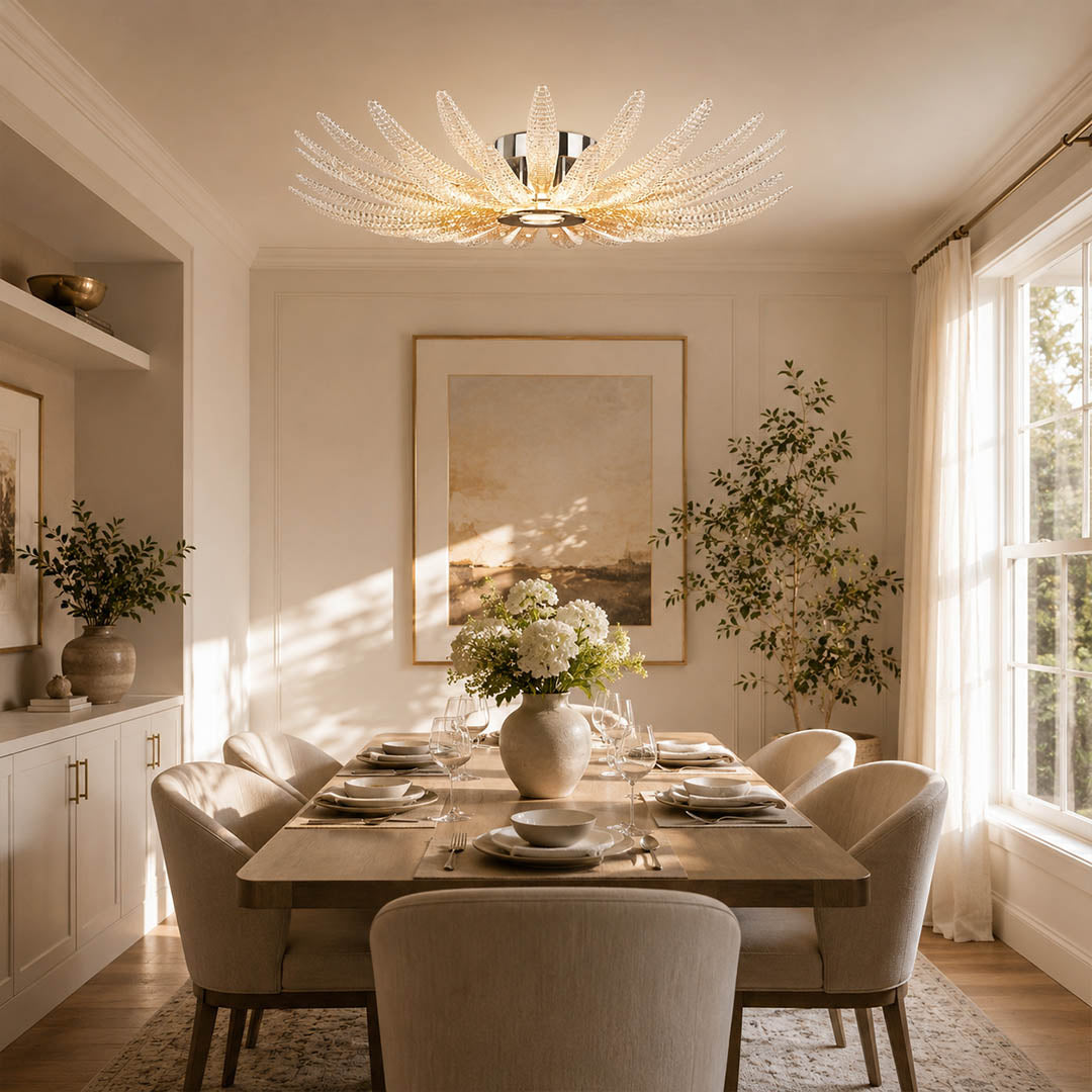 Agave Dewdrop medium glass flush mount ceiling light modern dining room luxury sculptural botanical dining table walnut warm glow lifestyle interior