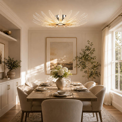 Agave Dewdrop medium glass flush mount ceiling light modern dining room luxury sculptural botanical dining table walnut warm glow lifestyle interior