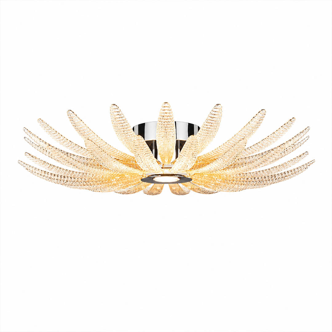 Agave Dewdrop glass flush mount ceiling light medium 28 inch handmade dewdrop textured leaves integrated LED 3000K warm white modern sculptural botanical white background