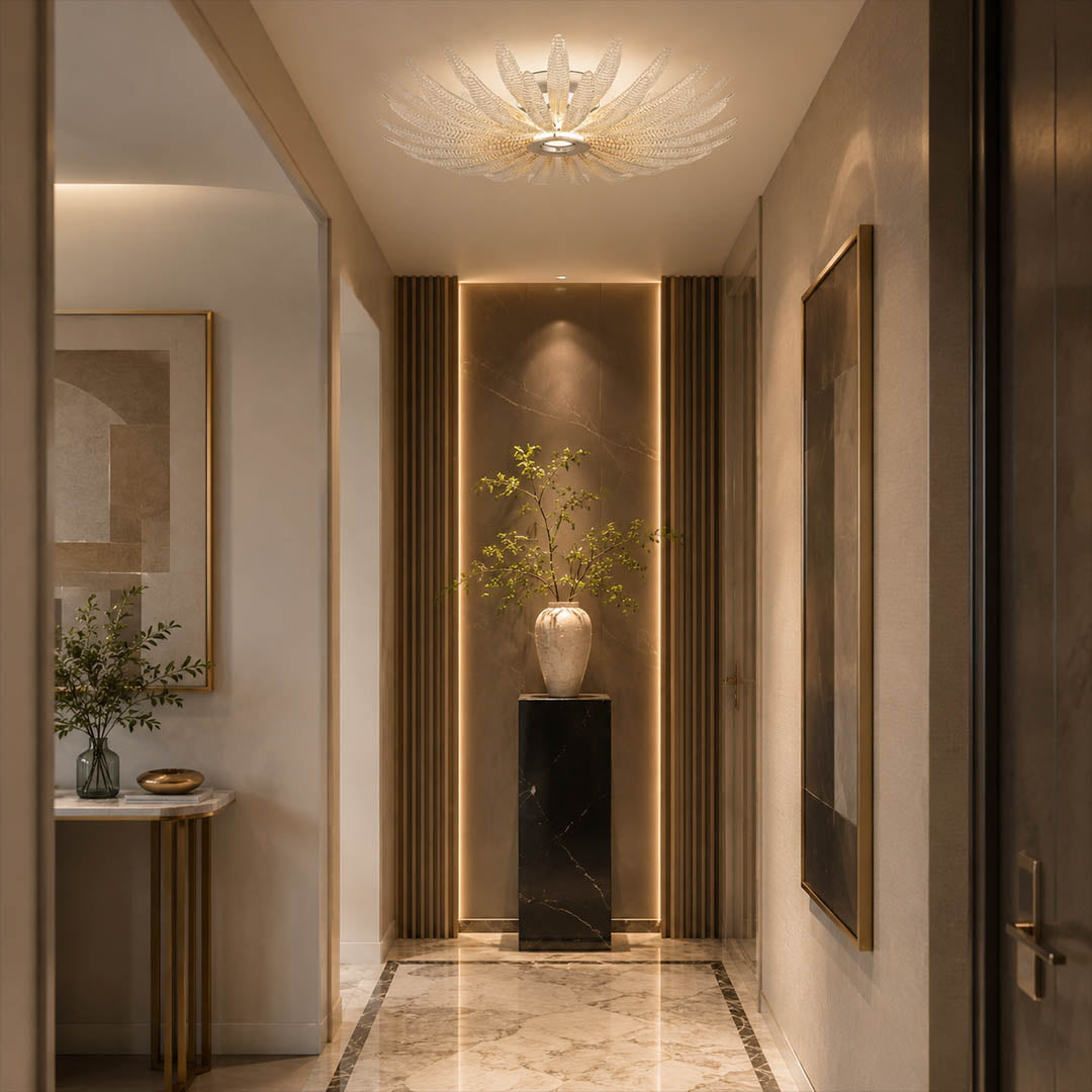 Agave Dewdrop small glass flush mount ceiling light modern hallway foyer entry sculptural botanical warm glow lifestyle interior