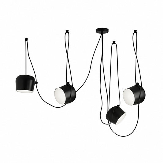 Aim pendant light with an adjustable cylindrical shade tilted to aim warm light over a kitchen island