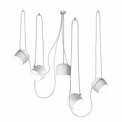 Five-head white Aim pendant light as a statement over a large island