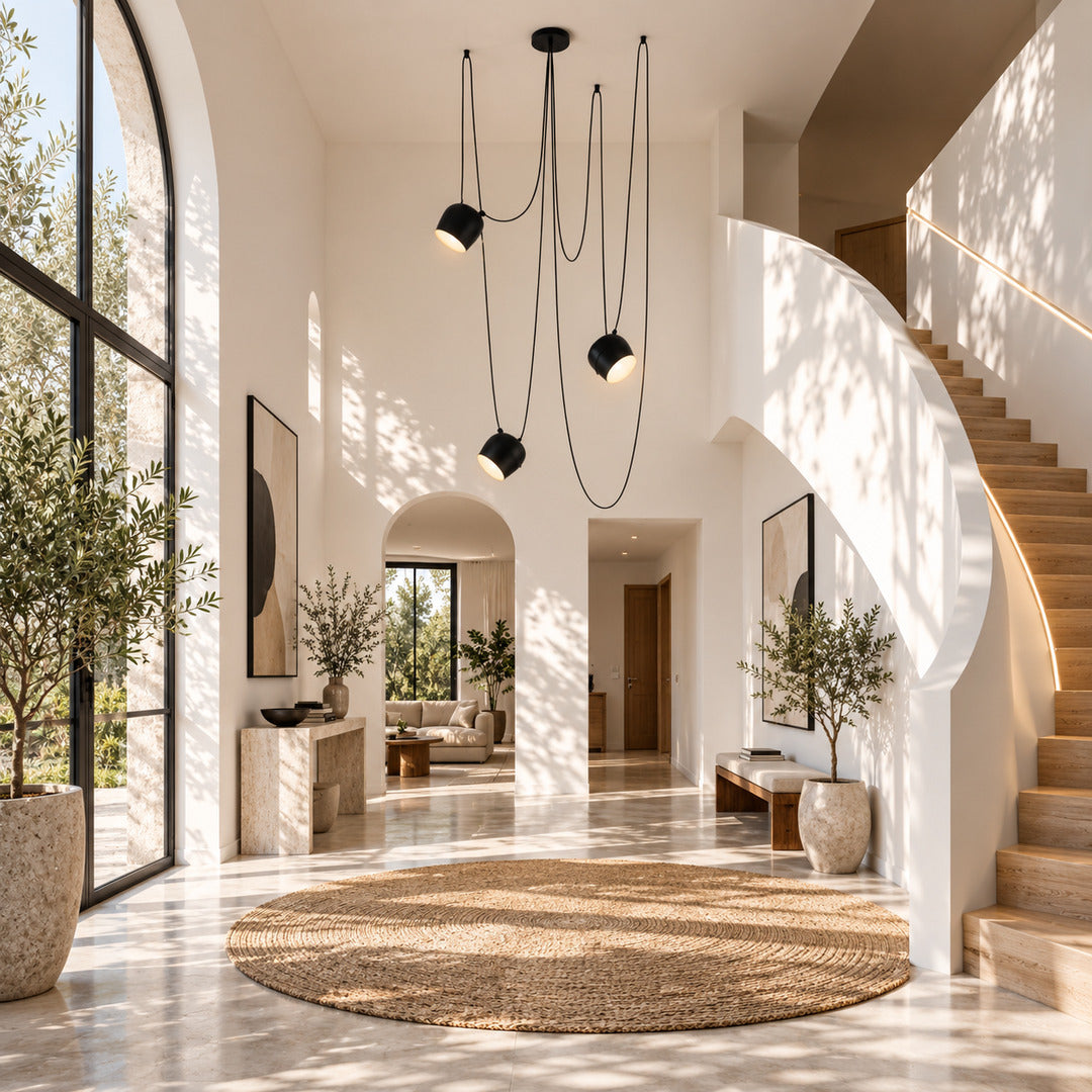 Aim adjustable pendant light as a modern accent over a living room seating area