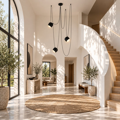 Aim adjustable pendant light as a modern accent over a living room seating area