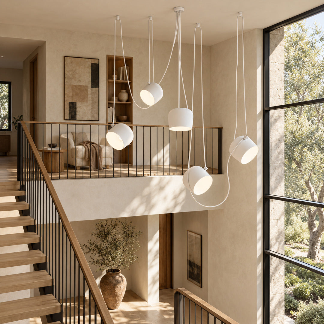 Cluster of Aim pendant lights at staggered heights in an open staircase stairwell