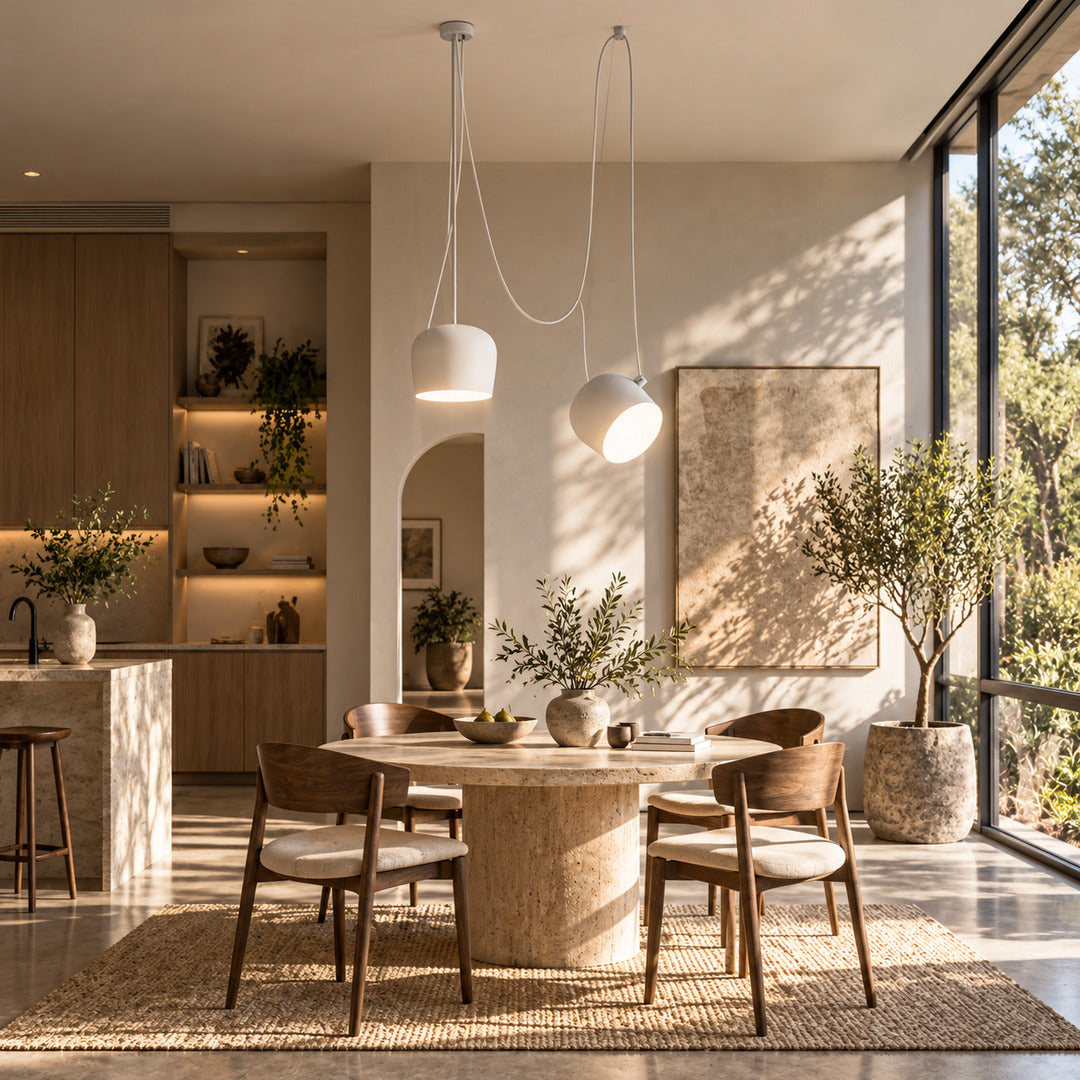 Aim pendant light casting adjustable warm light over a contemporary dining table