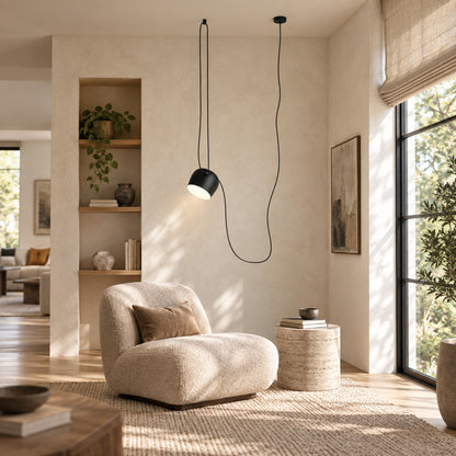 Aim adjustable pendant light as a modern accent over a living room seating area
