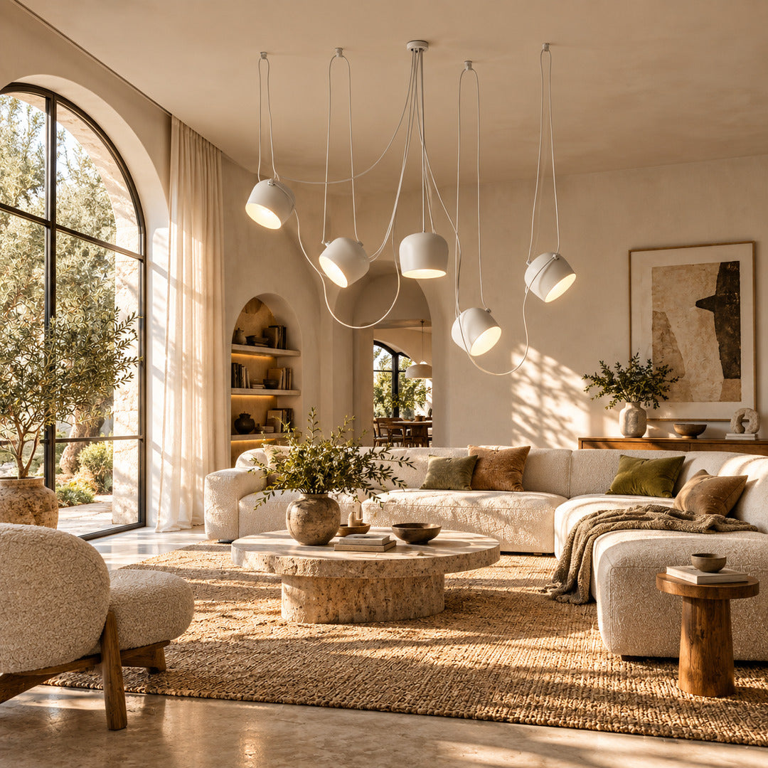 Aim adjustable pendant light as a modern accent over a living room seating area