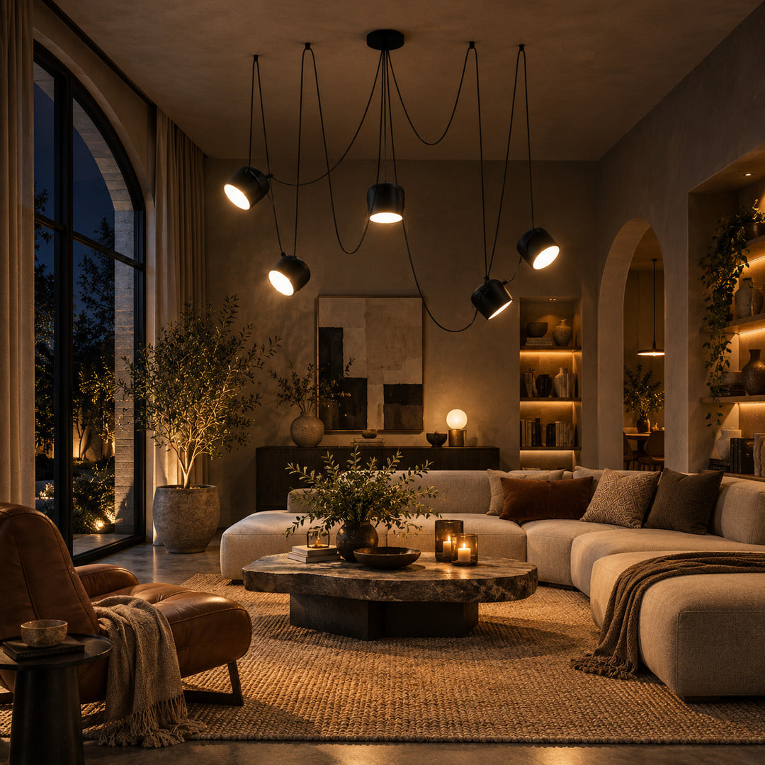 Aim adjustable pendant light as a modern accent over a living room seating area