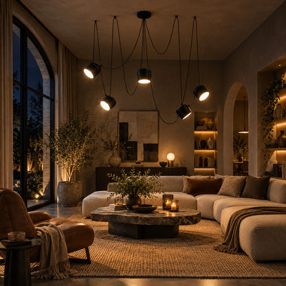 Aim adjustable pendant light as a modern accent over a living room seating area