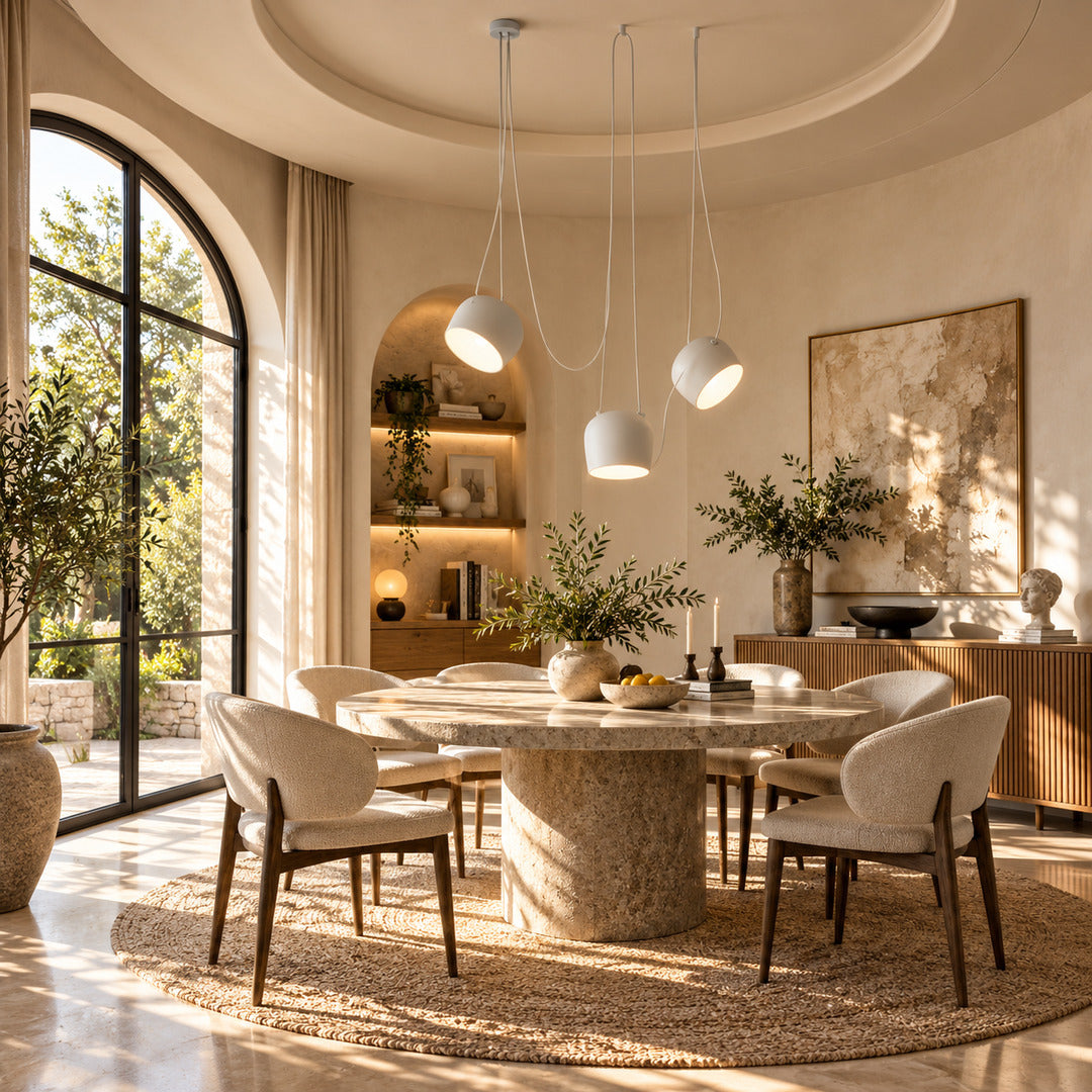 Aim pendant light casting adjustable warm light over a contemporary dining table
