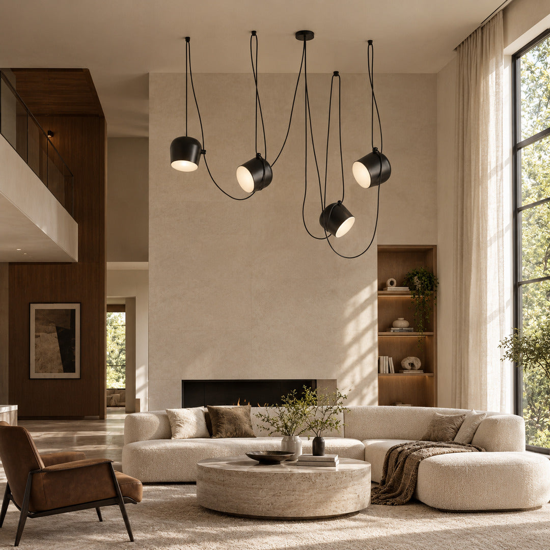Aim adjustable pendant light as a modern accent over a living room seating area