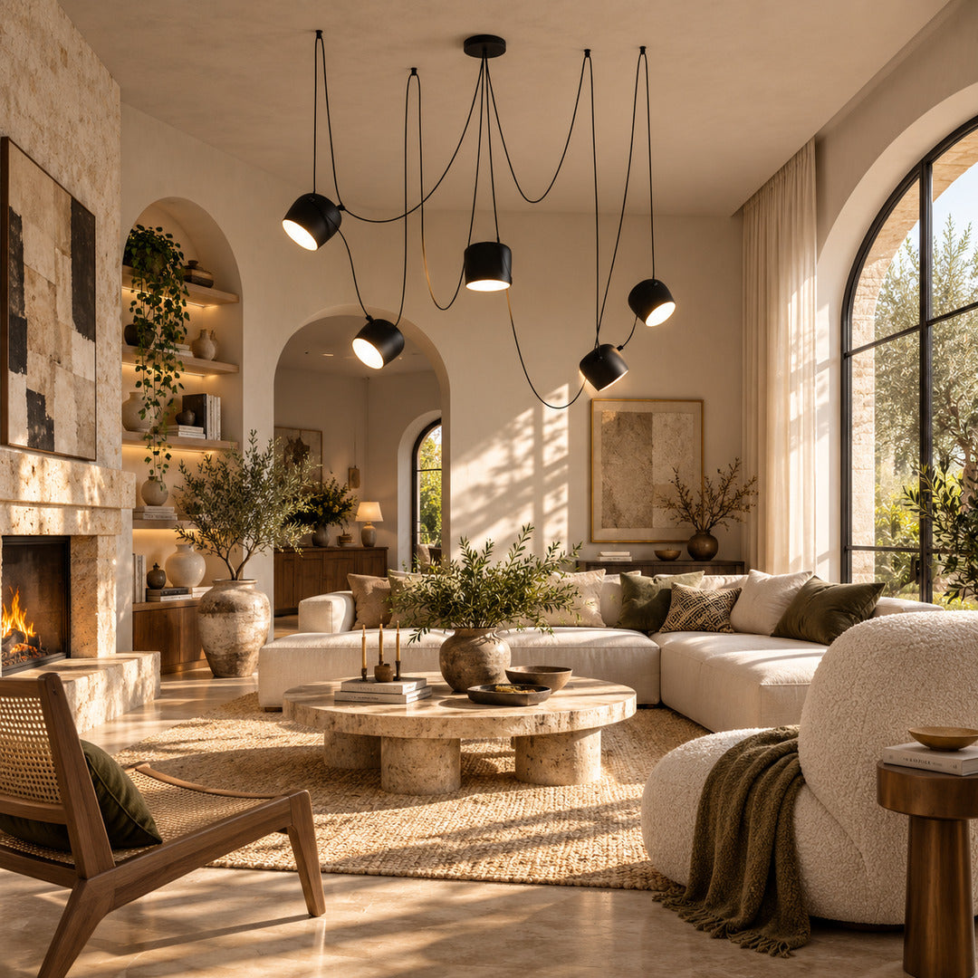 Aim adjustable pendant light as a modern accent over a living room seating area