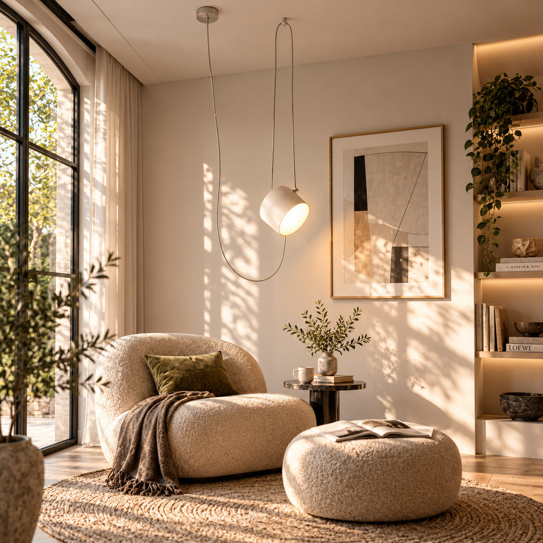 Aim adjustable pendant light as a modern accent over a living room seating area