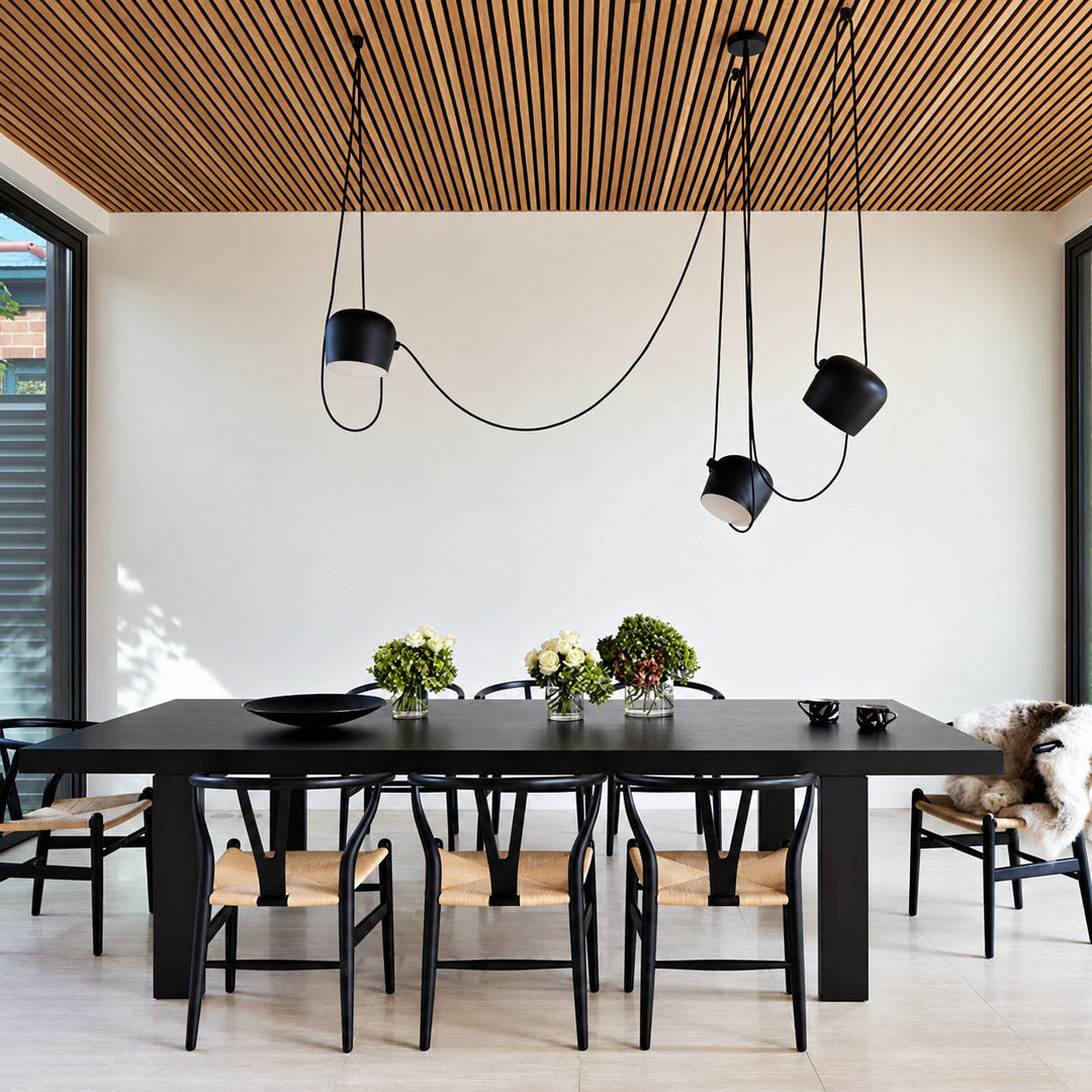 Aim pendant light casting adjustable warm light over a contemporary dining table