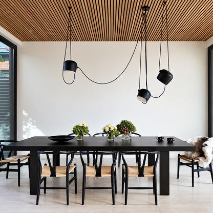 Aim pendant light casting adjustable warm light over a contemporary dining table