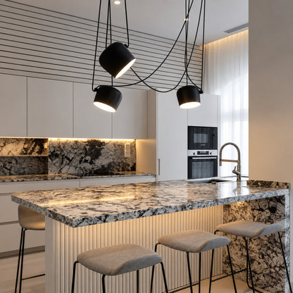 Aim adjustable pendant lights aimed over a modern kitchen island