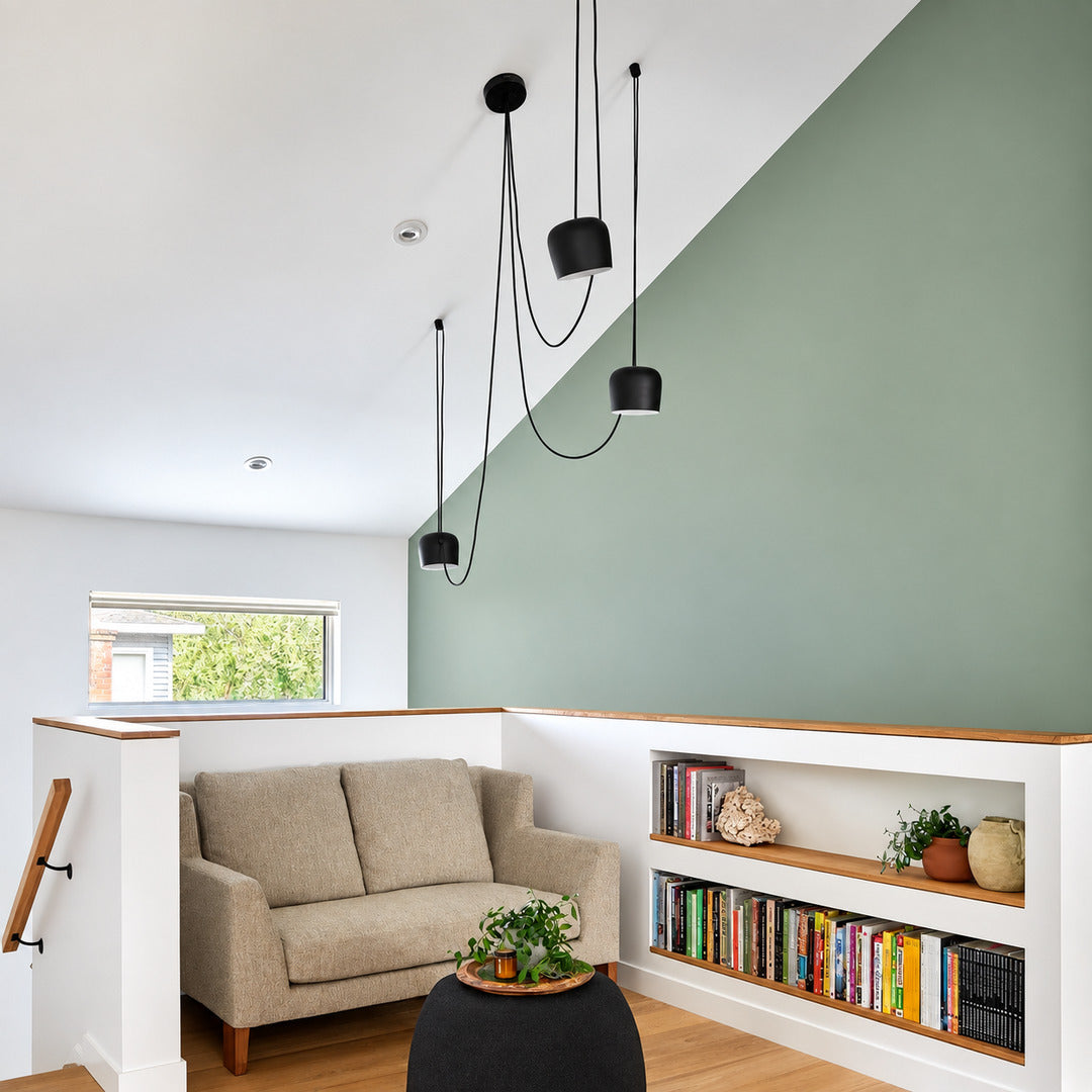 Aim pendant light aimed to provide focused task light over a home office desk