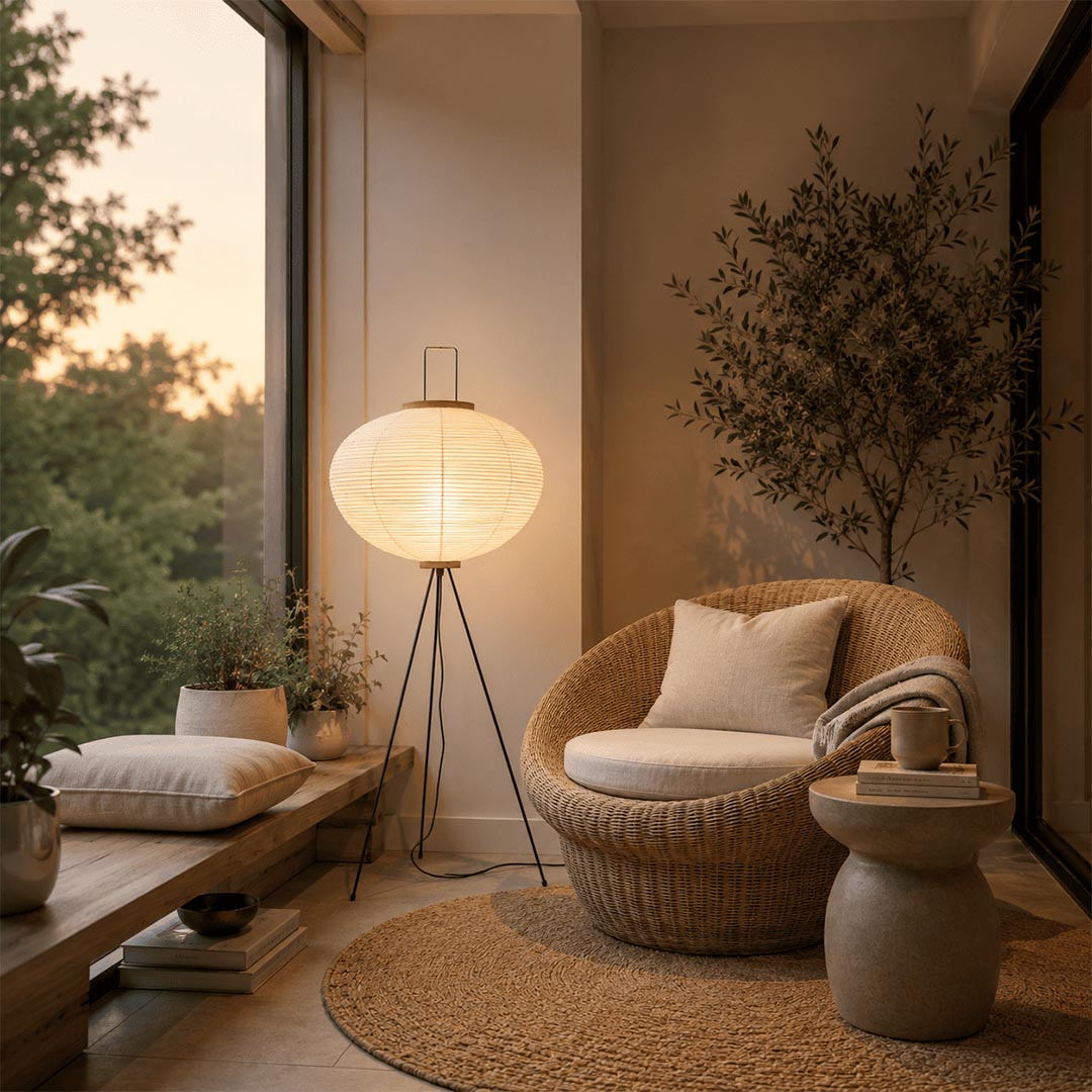 Stuber Lighting Wabi-Sabi style tripod paper floor lamp glowing warmly next to a wooden dining table in a cozy home interior.