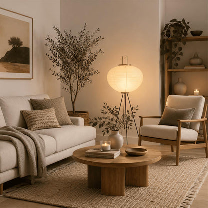Akari 10A premium handcrafted off-white washi paper tripod floor lamp with black legs illuminating a modern Japandi living room.