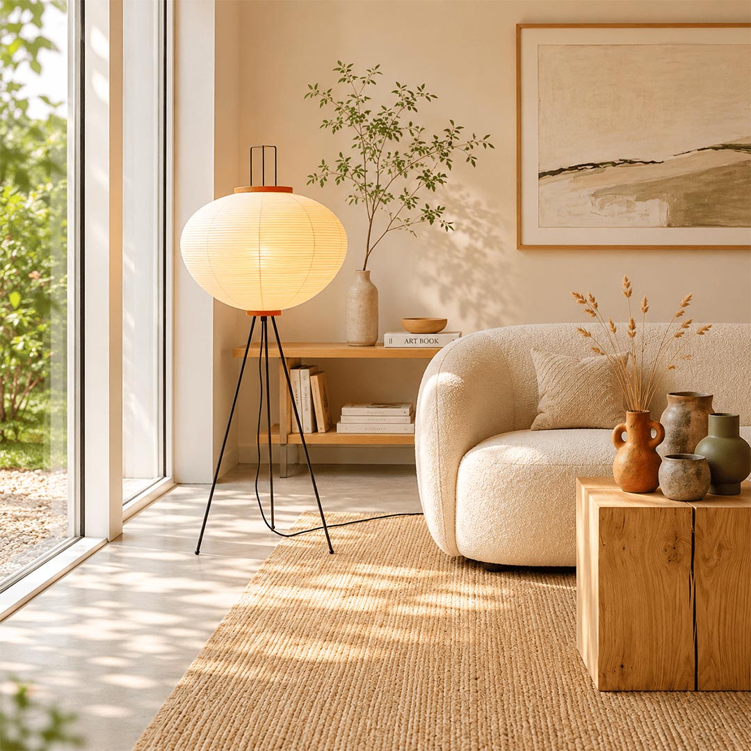 Stuber Lighting Wabi-Sabi style tripod paper floor lamp glowing warmly next to a wooden dining table in a cozy home interior.