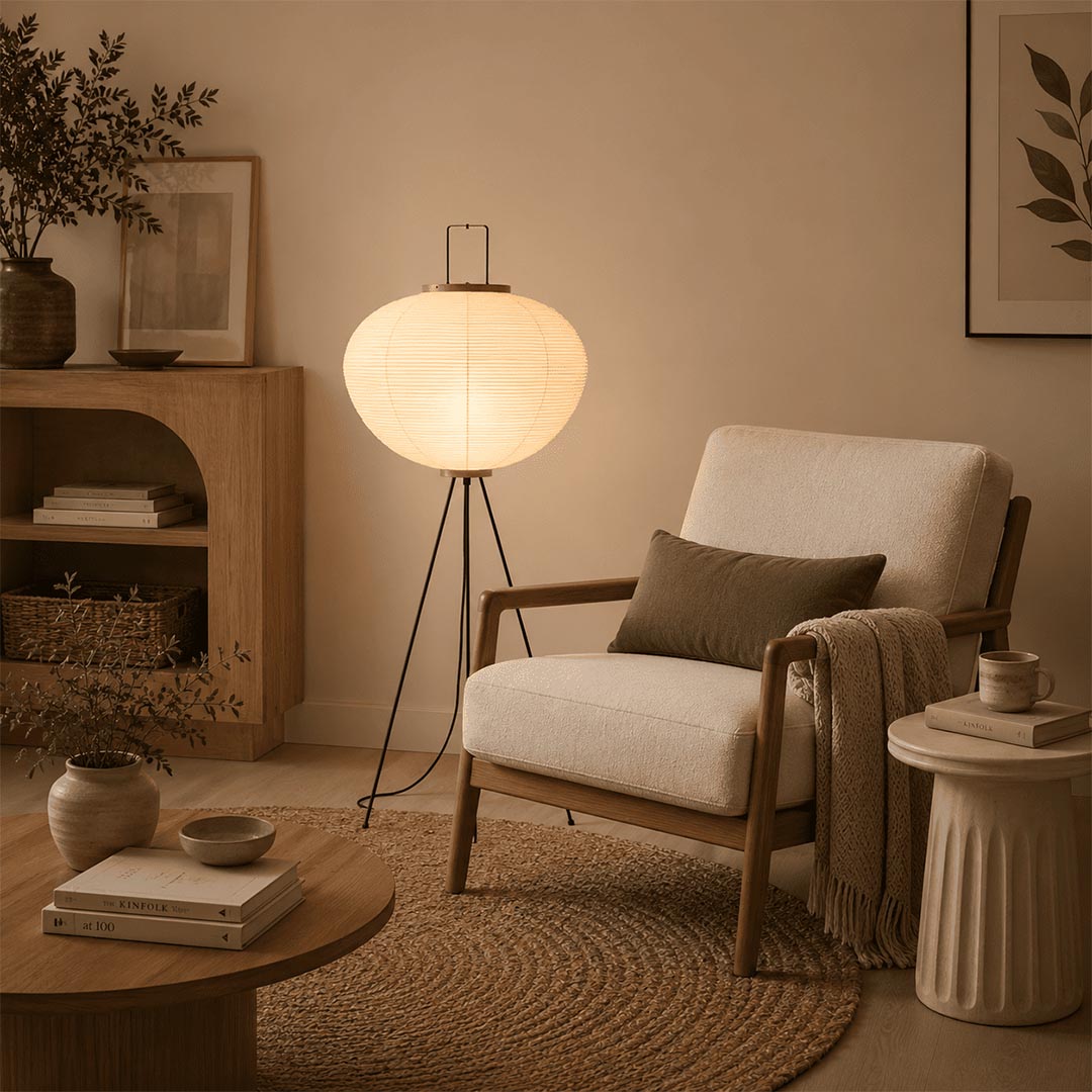 Stuber Lighting Wabi-Sabi style tripod paper floor lamp glowing warmly next to a wooden dining table in a cozy home interior.