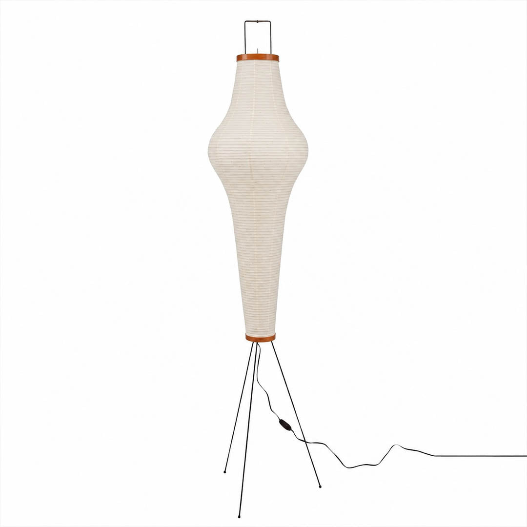 Akari 14A washi paper floor lamp vertical bottle silhouette 63 inch tall handmade Japanese paper Isamu Noguchi design white background