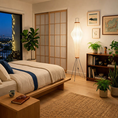 Akari 14A washi paper floor lamp bedroom corner primary minimalist Japandi Wabi Sabi warm soft glow interior